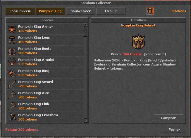 Aba Pumpkin King com as peças do set para knight e paladin e seus preços em tokens