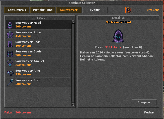 Aba Soulweaver com capuz, manto, calça, botas, amuleto, anel e cajado para sorcerer e druid